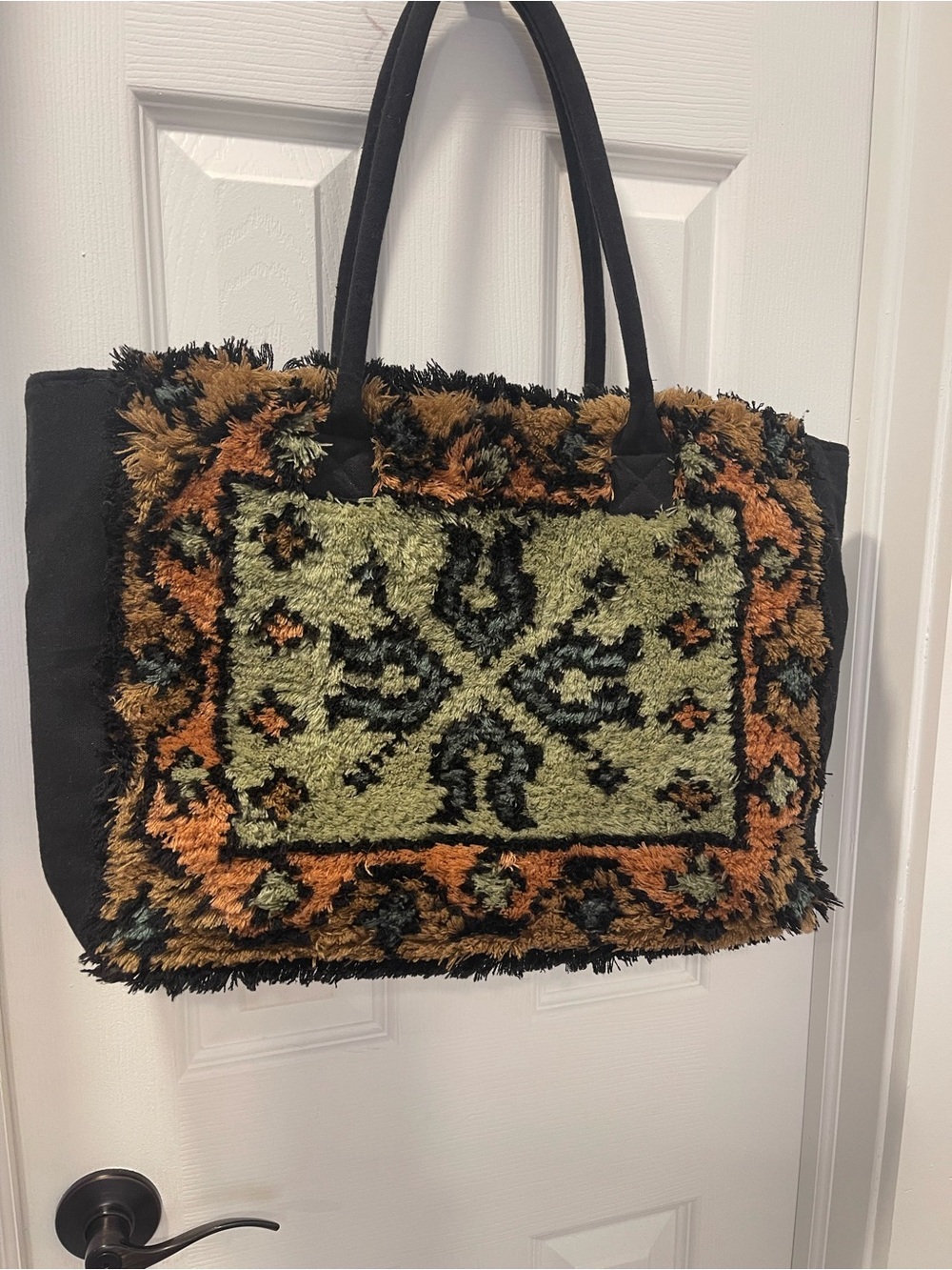 Faux Shag Rug Mosaic Tote Bag in Olive & Rust - Picture 12 of 16